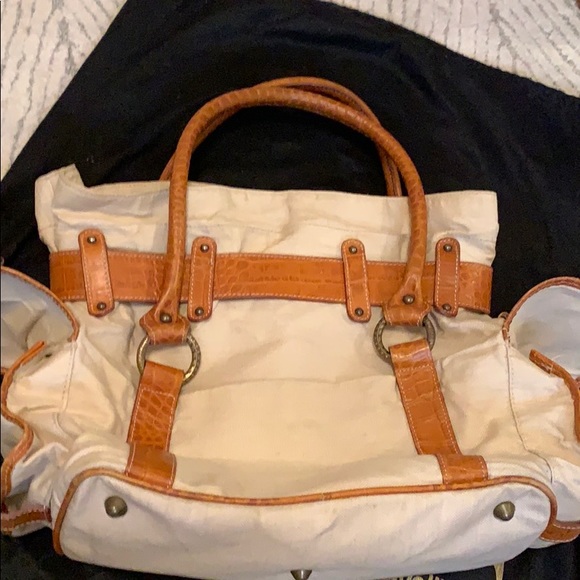 Just Cavalli leather canvas hand bag tan brown - Picture 6 of 8